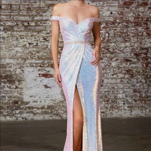 Off Shoulder Opal Leg Slit Sequin Dress CD158